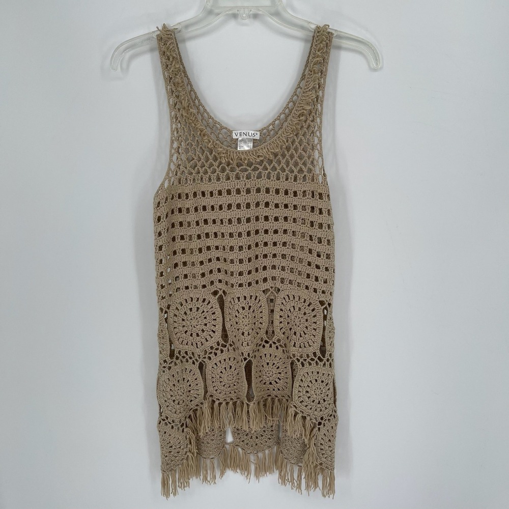 Venus Women's Tan Crochet‎ Fringe Sleeveless Tank Top Size Small